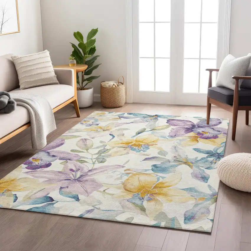 Ivory Gold And Lavender Floral Washable Indoor Outdoor Area Rug Photo 9