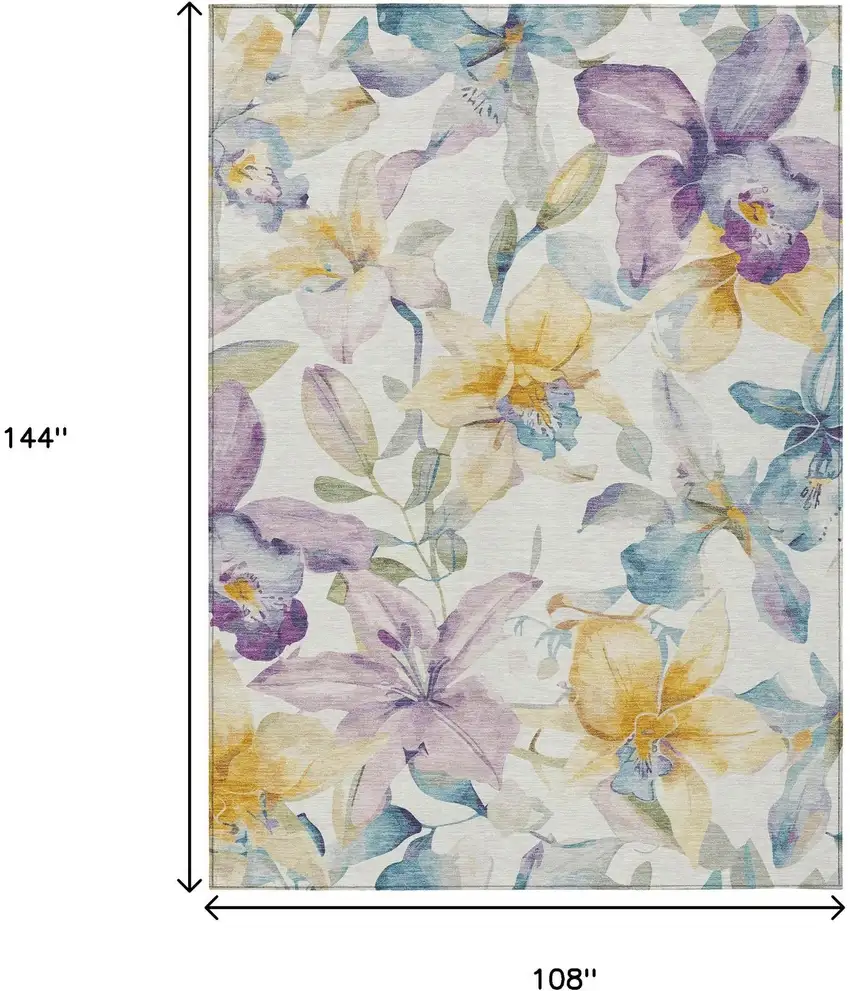 Ivory Gold And Lavender Floral Washable Indoor Outdoor Area Rug Photo 3