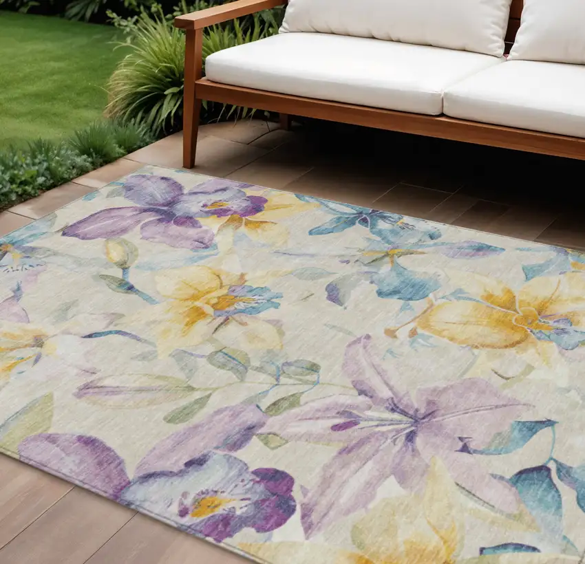 Ivory Gold And Lavender Floral Washable Indoor Outdoor Area Rug Photo 1