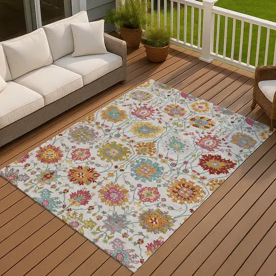Ivory Gold And Pink Damask Washable Indoor Outdoor Area Rug Photo 8