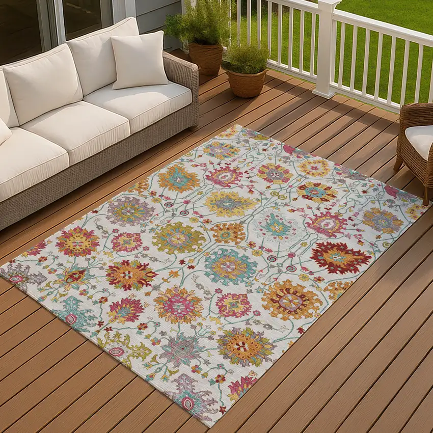 Ivory Gold And Pink Damask Washable Indoor Outdoor Area Rug Photo 8