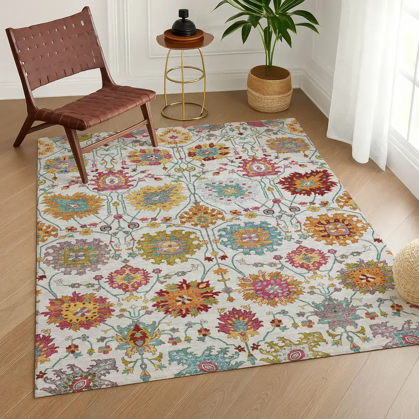 Ivory Gold And Pink Damask Washable Indoor Outdoor Area Rug Photo 9