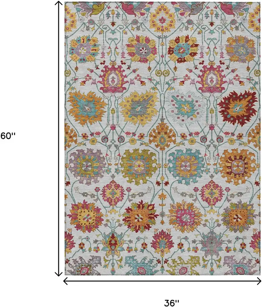 Ivory Gold And Pink Damask Washable Indoor Outdoor Area Rug Photo 3