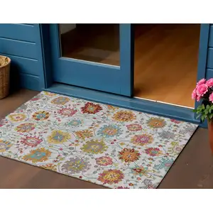 Photo of Ivory Gold And Pink Damask Washable Indoor Outdoor Area Rug