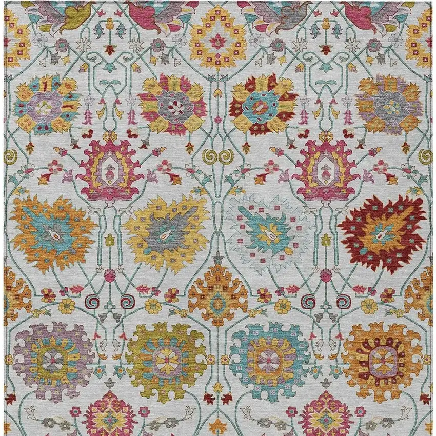 Ivory Gold And Pink Damask Washable Indoor Outdoor Area Rug Photo 6