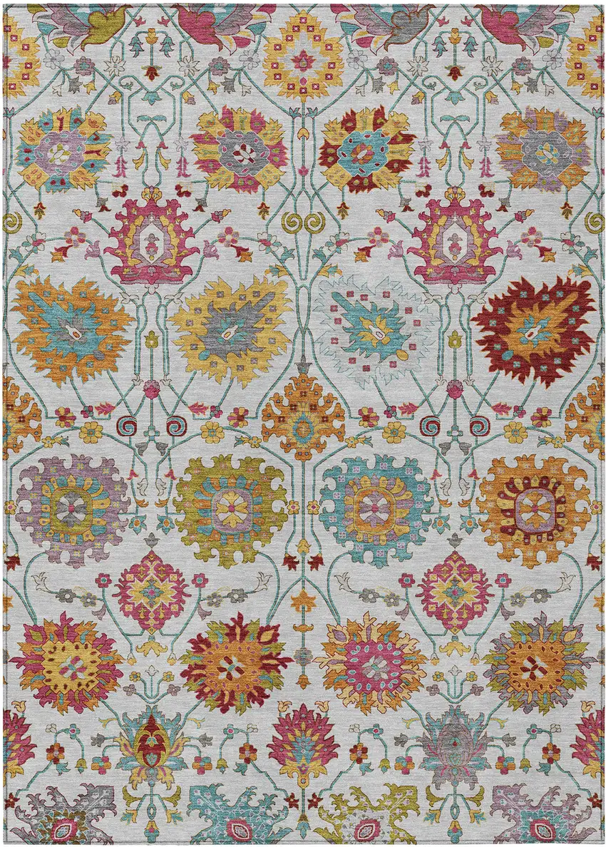 Ivory Gold And Pink Damask Washable Indoor Outdoor Area Rug Photo 2