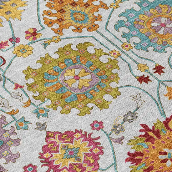 Ivory Gold And Pink Damask Washable Indoor Outdoor Area Rug Photo 8