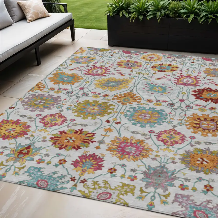 Ivory Gold And Pink Damask Washable Indoor Outdoor Area Rug Photo 1