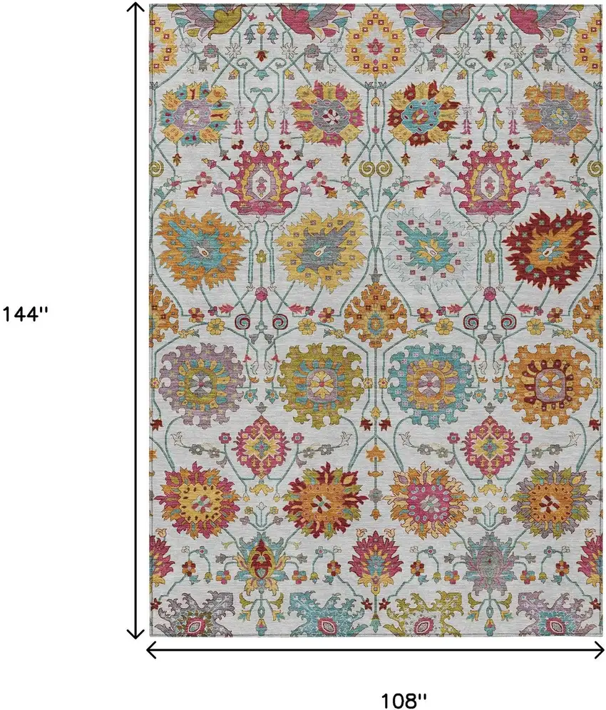 Ivory Gold And Pink Damask Washable Indoor Outdoor Area Rug Photo 3