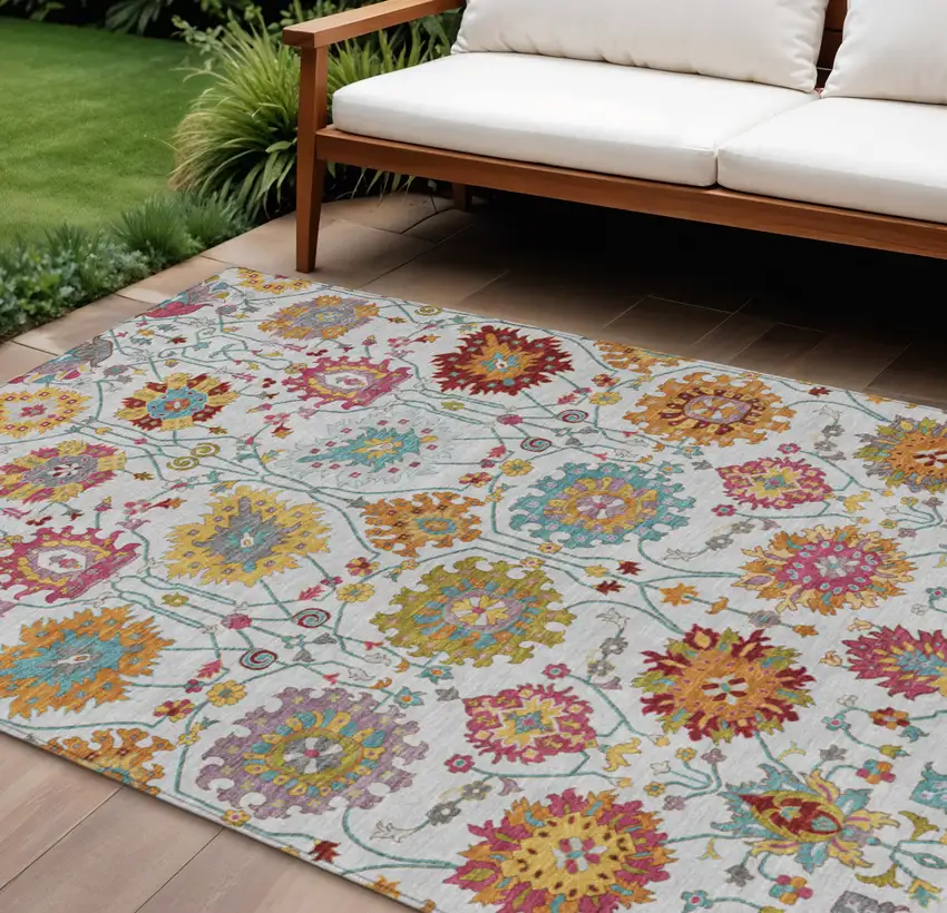 Ivory Gold And Pink Damask Washable Indoor Outdoor Area Rug Photo 1