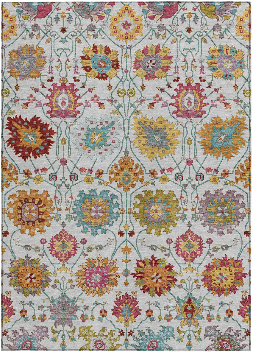 Ivory Gold And Pink Damask Washable Indoor Outdoor Area Rug Photo 4