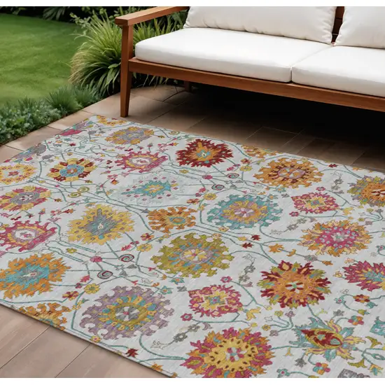 Ivory Gold And Pink Damask Washable Indoor Outdoor Area Rug Photo 1