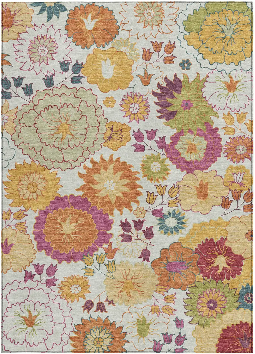 Ivory Gold And Pink Floral Washable Indoor Outdoor Area Rug Photo 5