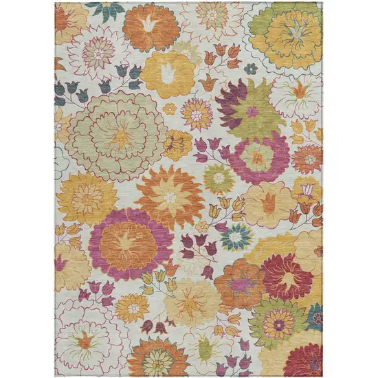 Ivory Gold And Pink Floral Washable Indoor Outdoor Area Rug Photo 5