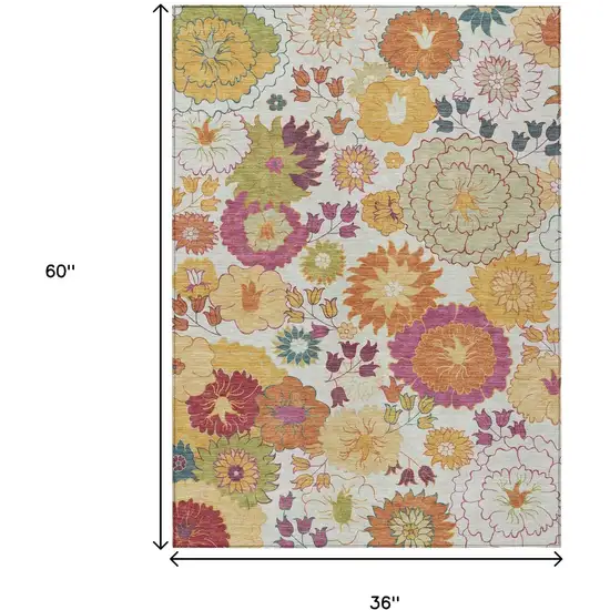 Ivory Gold And Pink Floral Washable Indoor Outdoor Area Rug Photo 3