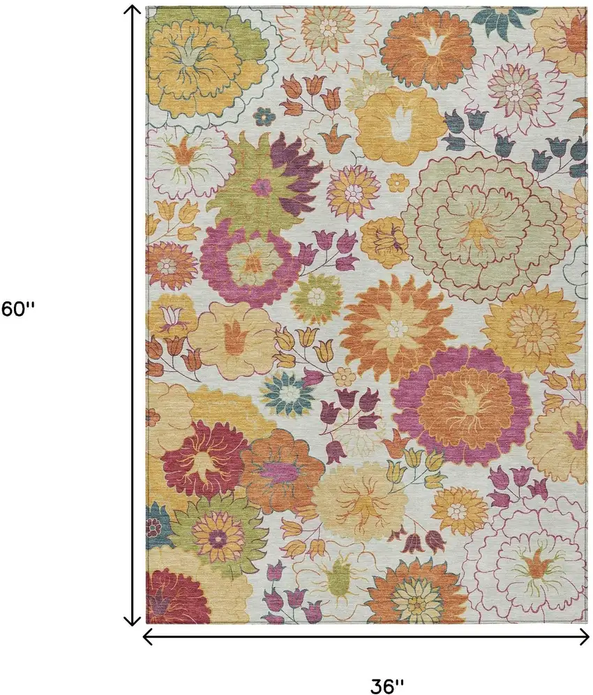 Ivory Gold And Pink Floral Washable Indoor Outdoor Area Rug Photo 3