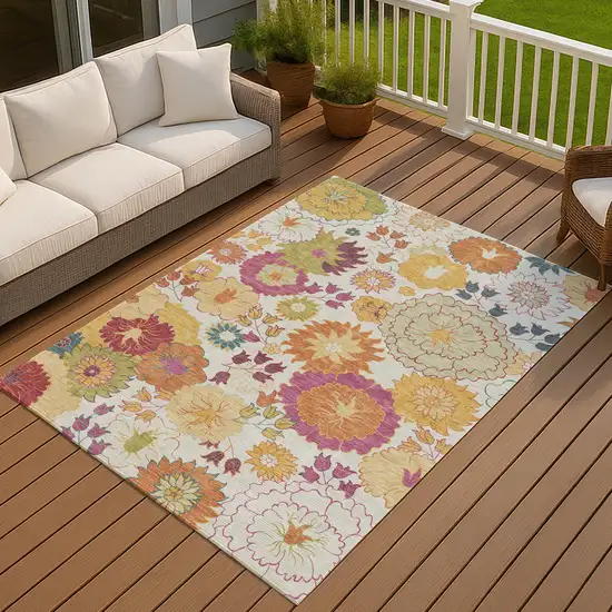 Ivory Gold And Pink Floral Washable Indoor Outdoor Area Rug Photo 9