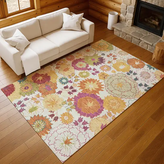 Ivory Gold And Pink Floral Washable Indoor Outdoor Area Rug Photo 9