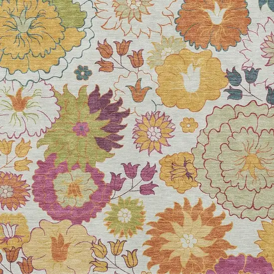 Ivory Gold And Pink Floral Washable Indoor Outdoor Area Rug Photo 7