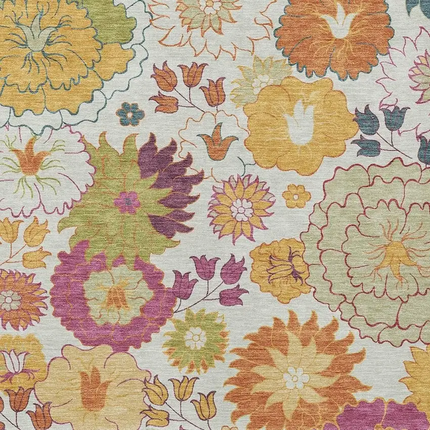 Ivory Gold And Pink Floral Washable Indoor Outdoor Area Rug Photo 7