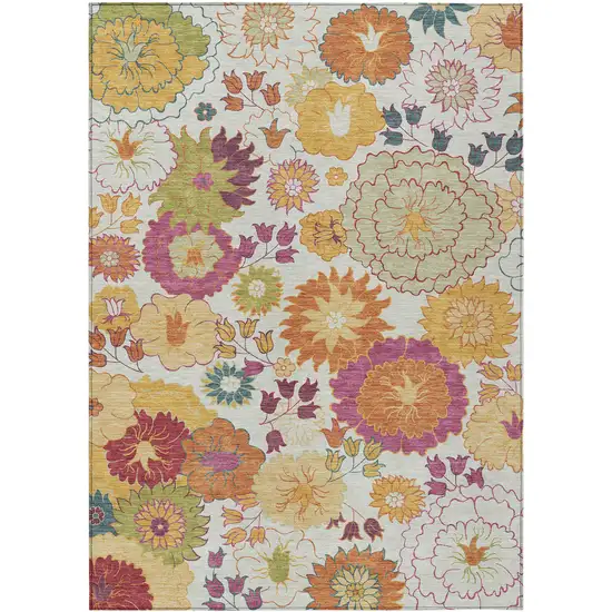 Ivory Gold And Pink Floral Washable Indoor Outdoor Area Rug Photo 2