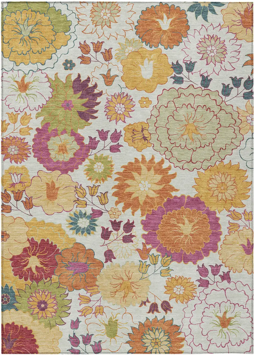 Ivory Gold And Pink Floral Washable Indoor Outdoor Area Rug Photo 2