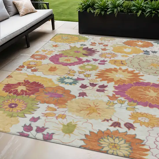 Ivory Gold And Pink Floral Washable Indoor Outdoor Area Rug Photo 1