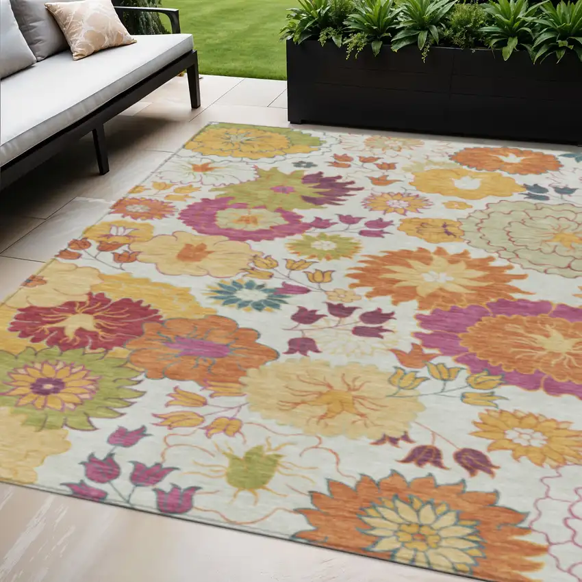 Ivory Gold And Pink Floral Washable Indoor Outdoor Area Rug Photo 1