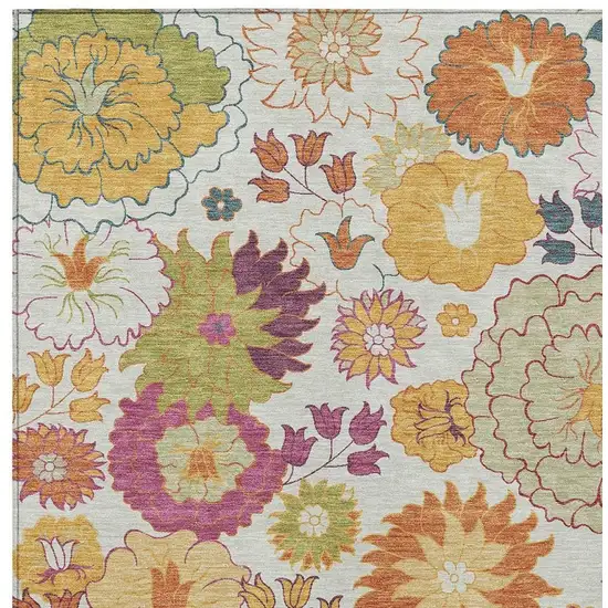 Ivory Gold And Pink Floral Washable Indoor Outdoor Area Rug Photo 7