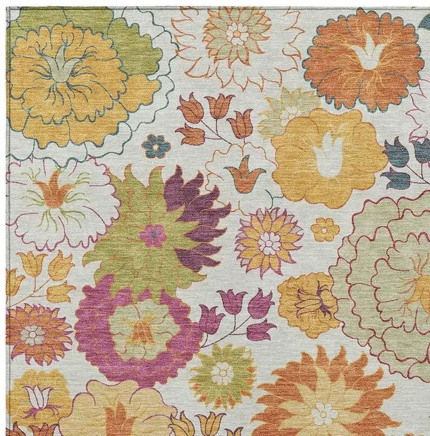 Ivory Gold And Pink Floral Washable Indoor Outdoor Area Rug Photo 7