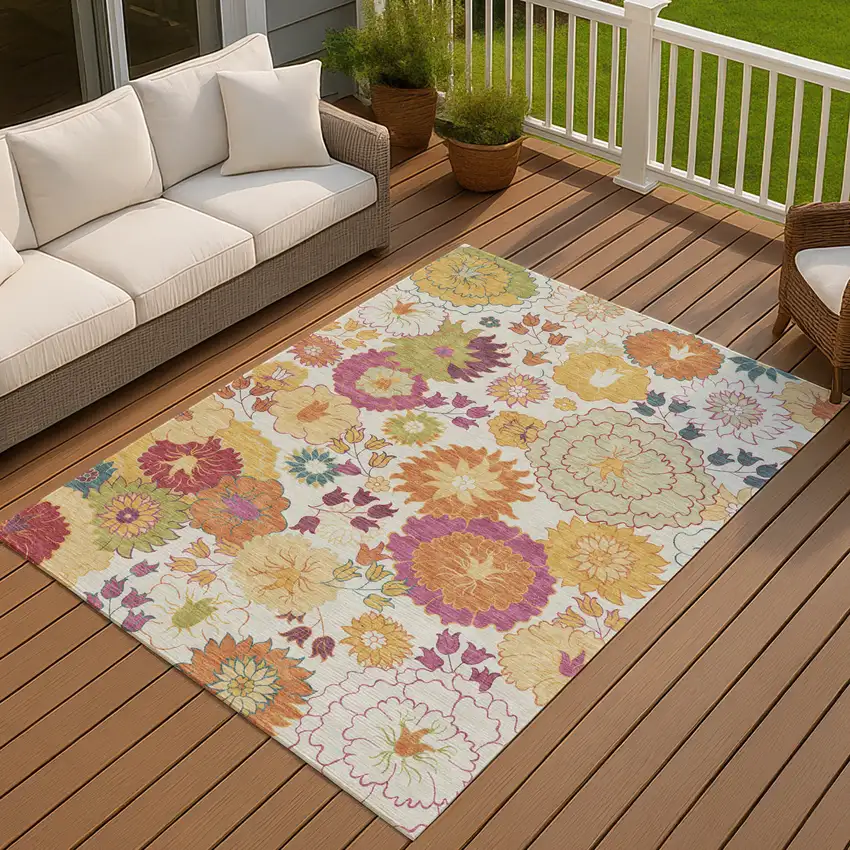 Ivory Gold And Pink Floral Washable Indoor Outdoor Area Rug Photo 9