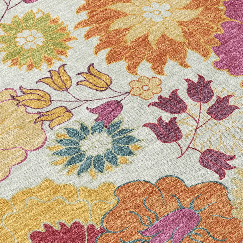 Ivory Gold And Pink Floral Washable Indoor Outdoor Area Rug Photo 8