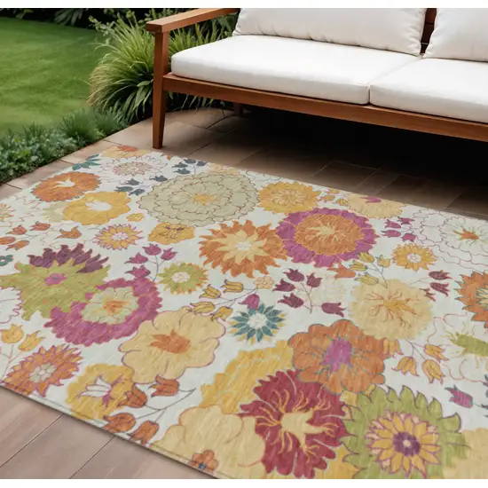Ivory Gold And Pink Floral Washable Indoor Outdoor Area Rug Photo 1