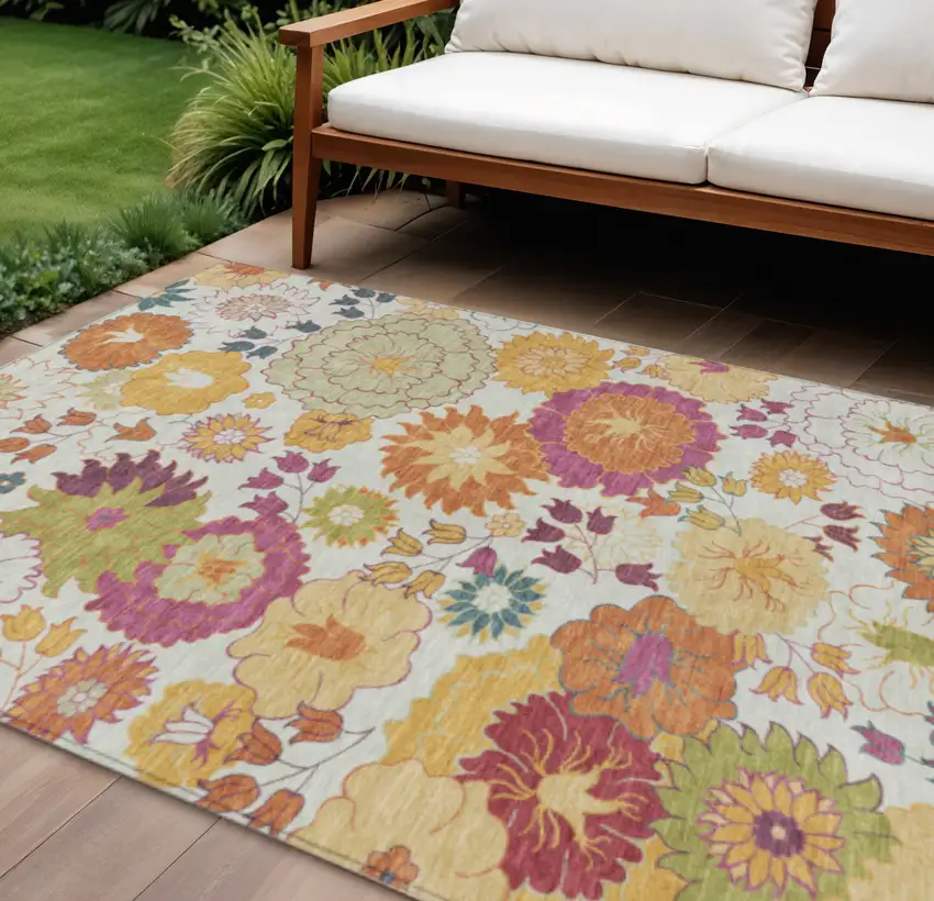 Ivory Gold And Pink Floral Washable Indoor Outdoor Area Rug Photo 1