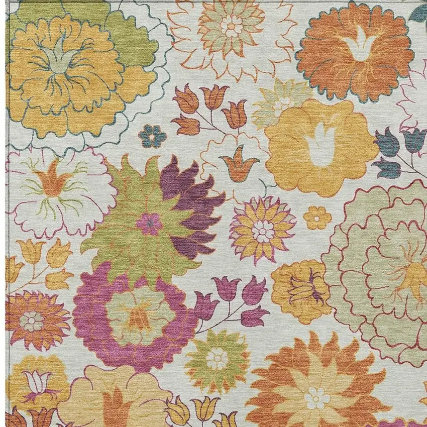 Ivory Gold And Pink Floral Washable Indoor Outdoor Area Rug Photo 7