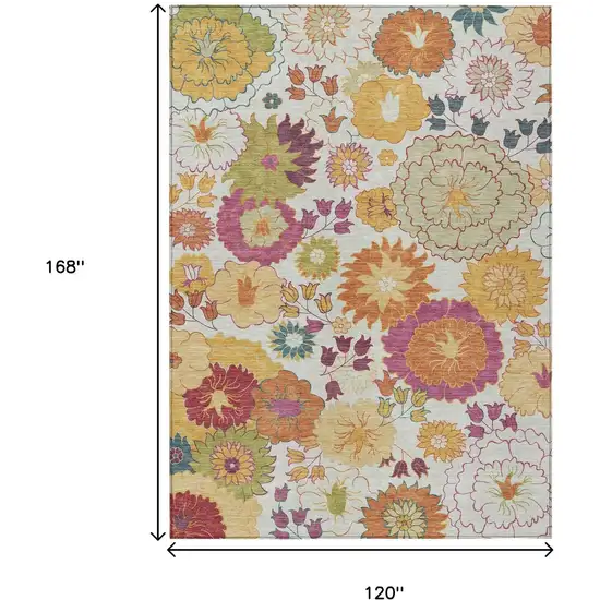 Ivory Gold And Pink Floral Washable Indoor Outdoor Area Rug Photo 3