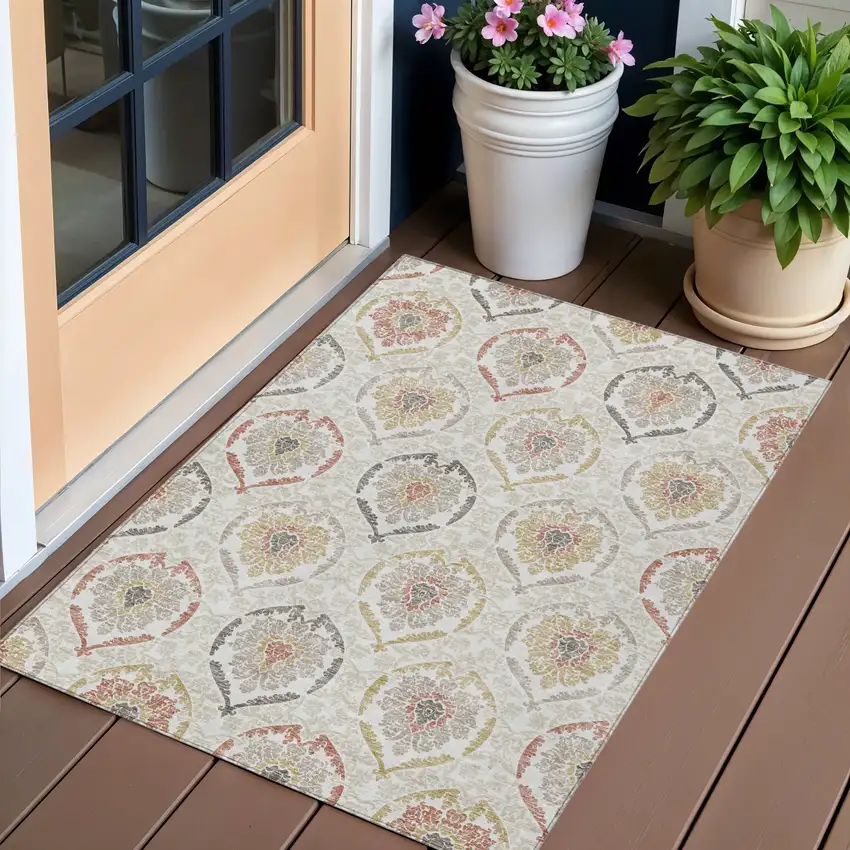 Ivory Gold And Taupe Medallion Washable Indoor Outdoor Area Rug Photo 1