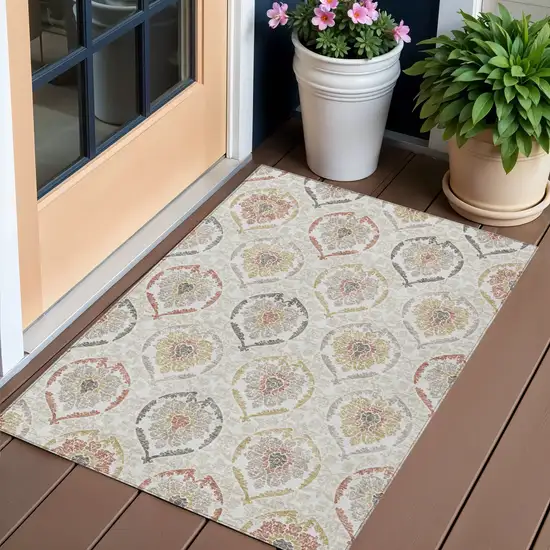 Ivory Gold And Taupe Medallion Washable Indoor Outdoor Area Rug Photo 1