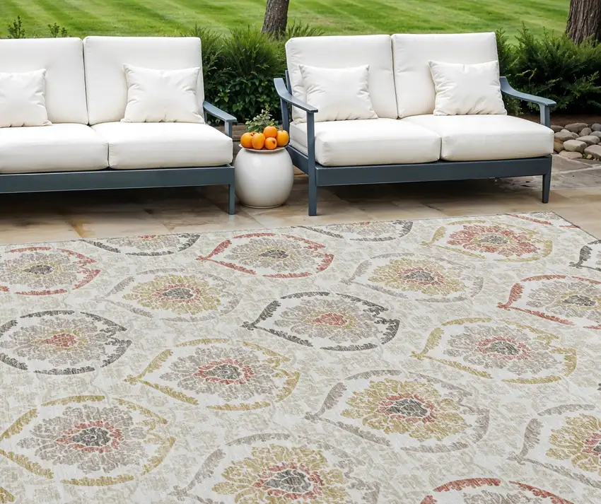 Ivory Gold And Taupe Medallion Washable Indoor Outdoor Area Rug Photo 1