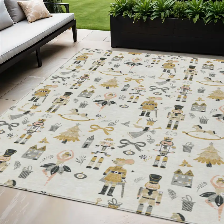 Ivory Gold Black And Gray Village Houses Washable Indoor Outdoor Area Rug Photo 2