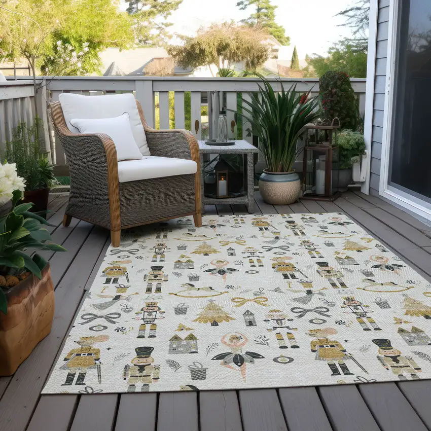 Ivory Gold Black And Gray Nutcracker Washable Indoor Outdoor Area Rug Photo 8