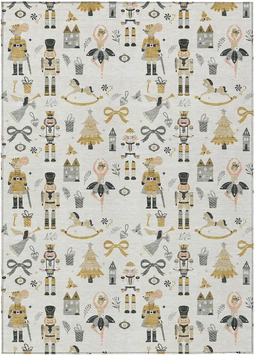 Ivory Gold Black And Gray Village Houses Washable Indoor Outdoor Area Rug Photo 1