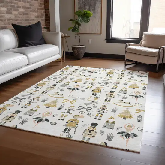Ivory Gold Black And Gray Village Houses Washable Indoor Outdoor Area Rug Photo 6