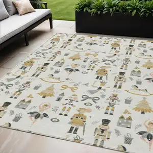 Photo of Ivory Gold Black And Gray Village Houses Washable Indoor Outdoor Area Rug