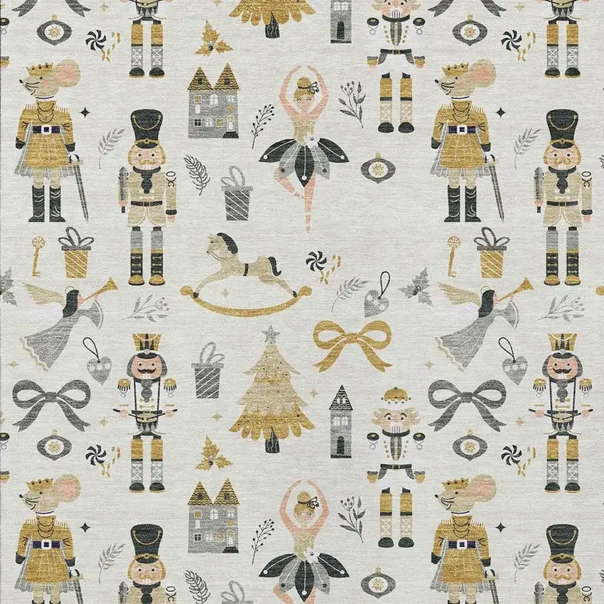 Ivory Gold Black And Gray Village Houses Washable Indoor Outdoor Area Rug Photo 3