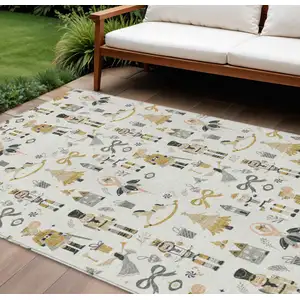 Photo of Ivory Gold Black And Gray Village Houses Washable Indoor Outdoor Area Rug
