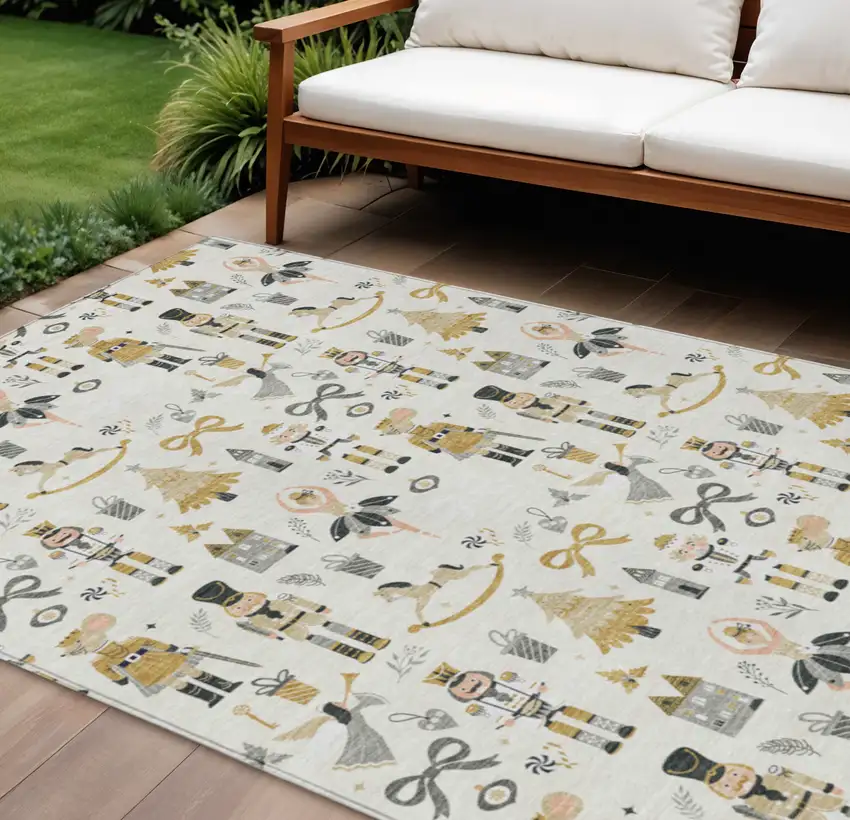 Ivory Gold Black And Gray Village Houses Washable Indoor Outdoor Area Rug Photo 2