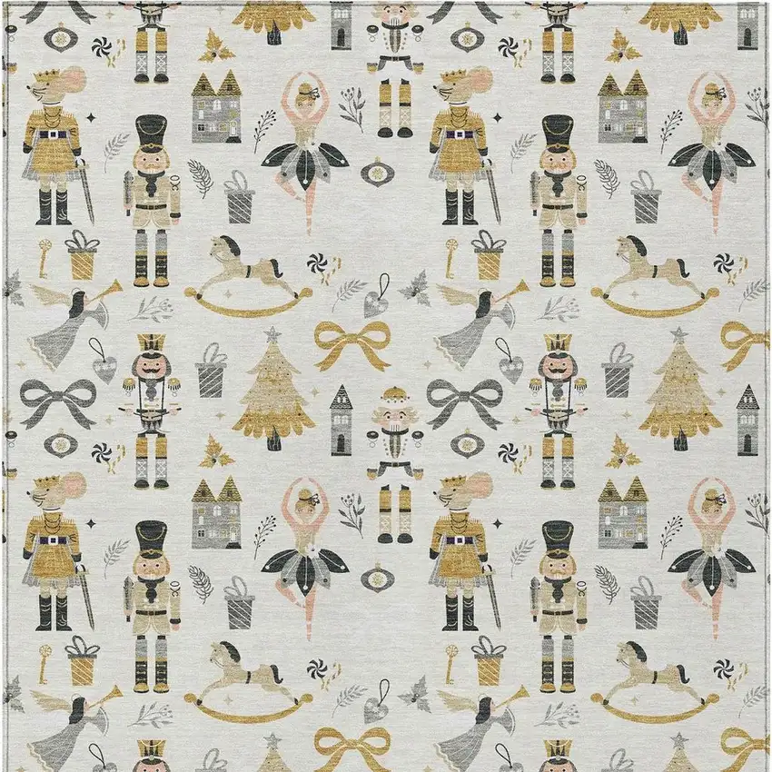 Ivory Gold Black And Gray Village Houses Washable Indoor Outdoor Area Rug Photo 4