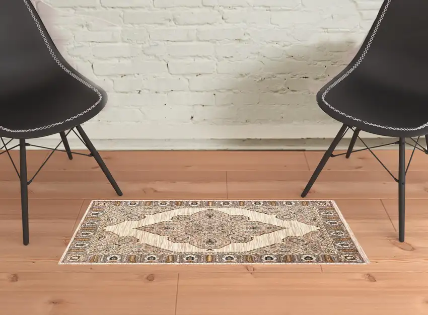 Ivory Gold Grey And Blue Oriental Power Loom Stain Resistant Area Rug Photo 2