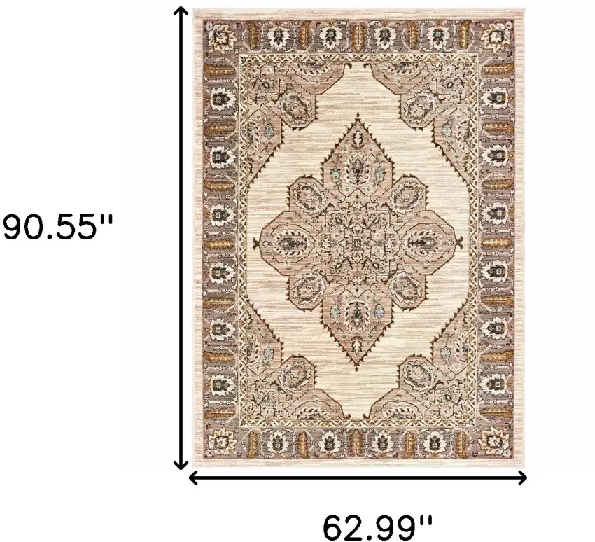 Ivory Gold Grey And Blue Oriental Power Loom Stain Resistant Area Rug Photo 6